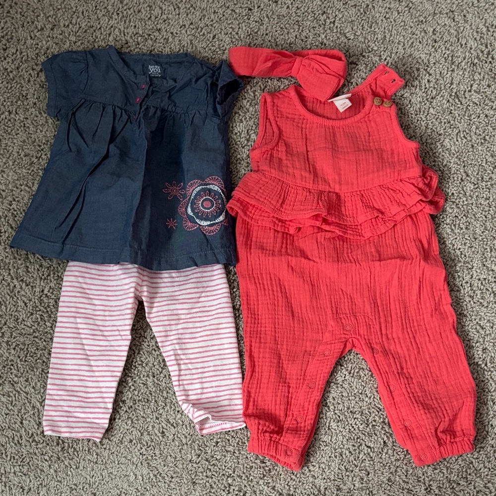 Coral Ruffle Jumpsuit with Headband + Navy Floral Top & Striped Leggings Set